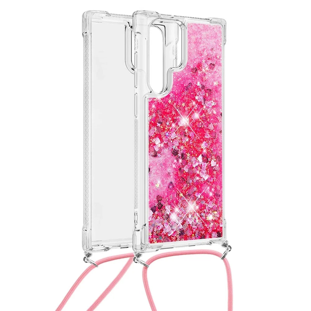 Quicksand TPU Protective Cover Shell Colorful Phone Case with Long Lanyard for Samsung Galaxy S22 Ultra 5G - Pink/Heart - 2
