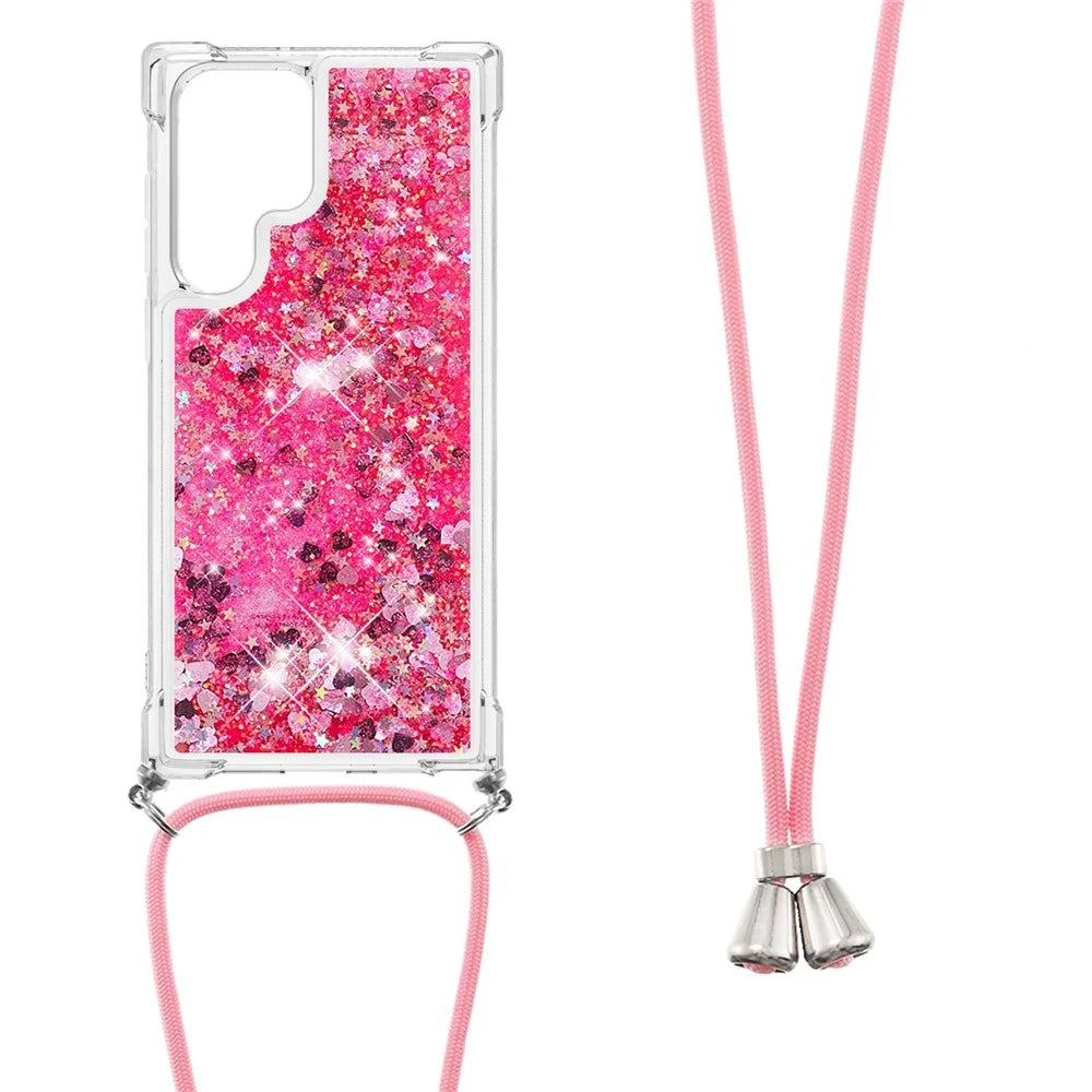 Quicksand TPU Protective Cover Shell Colorful Phone Case with Long Lanyard for Samsung Galaxy S22 Ultra 5G - Pink/Heart - 3
