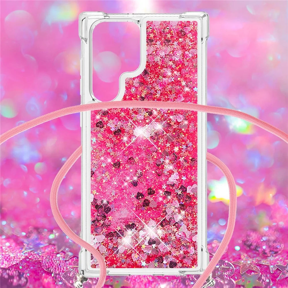 Quicksand TPU Protective Cover Shell Colorful Phone Case with Long Lanyard for Samsung Galaxy S22 Ultra 5G - Pink/Heart - 5