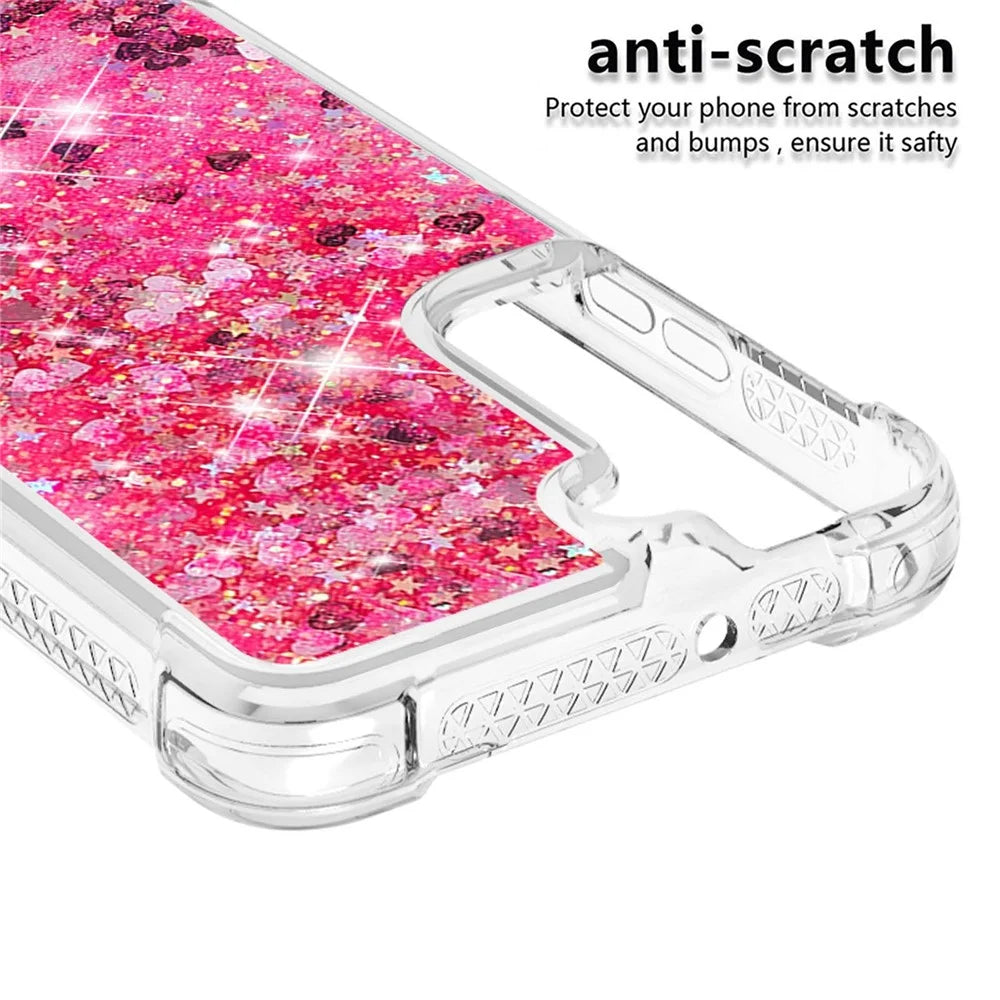 Soft TPU Clear Cover Moving Quicksand Glitter Cute Phone Case for Samsung Galaxy S22+ 5G - Pink Hearts - 2