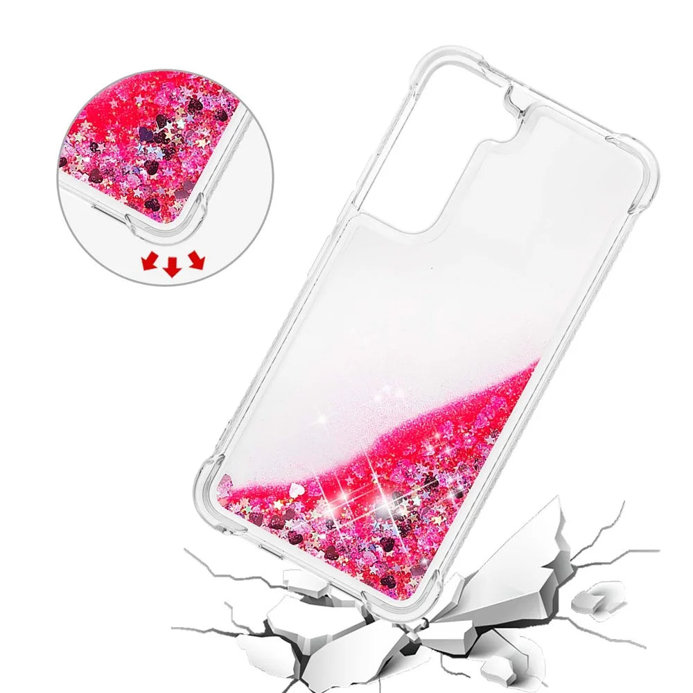 Soft TPU Clear Cover Moving Quicksand Glitter Cute Phone Case for Samsung Galaxy S22+ 5G - Pink Hearts - 3