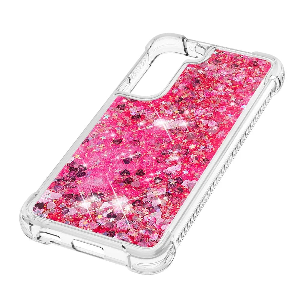 Soft TPU Clear Cover Moving Quicksand Glitter Cute Phone Case for Samsung Galaxy S22+ 5G - Pink Hearts - 4