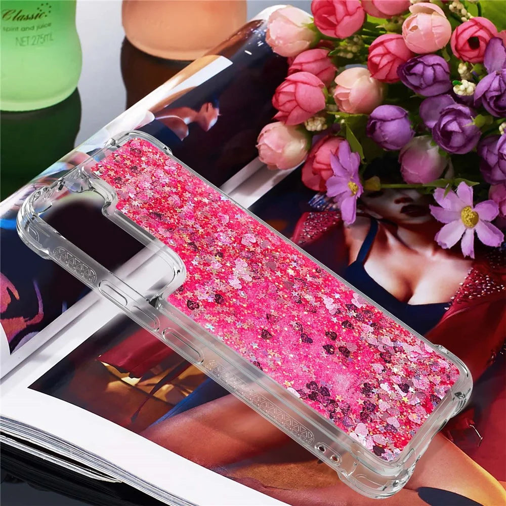 Soft TPU Clear Cover Moving Quicksand Glitter Cute Phone Case for Samsung Galaxy S22+ 5G - Pink Hearts - 5