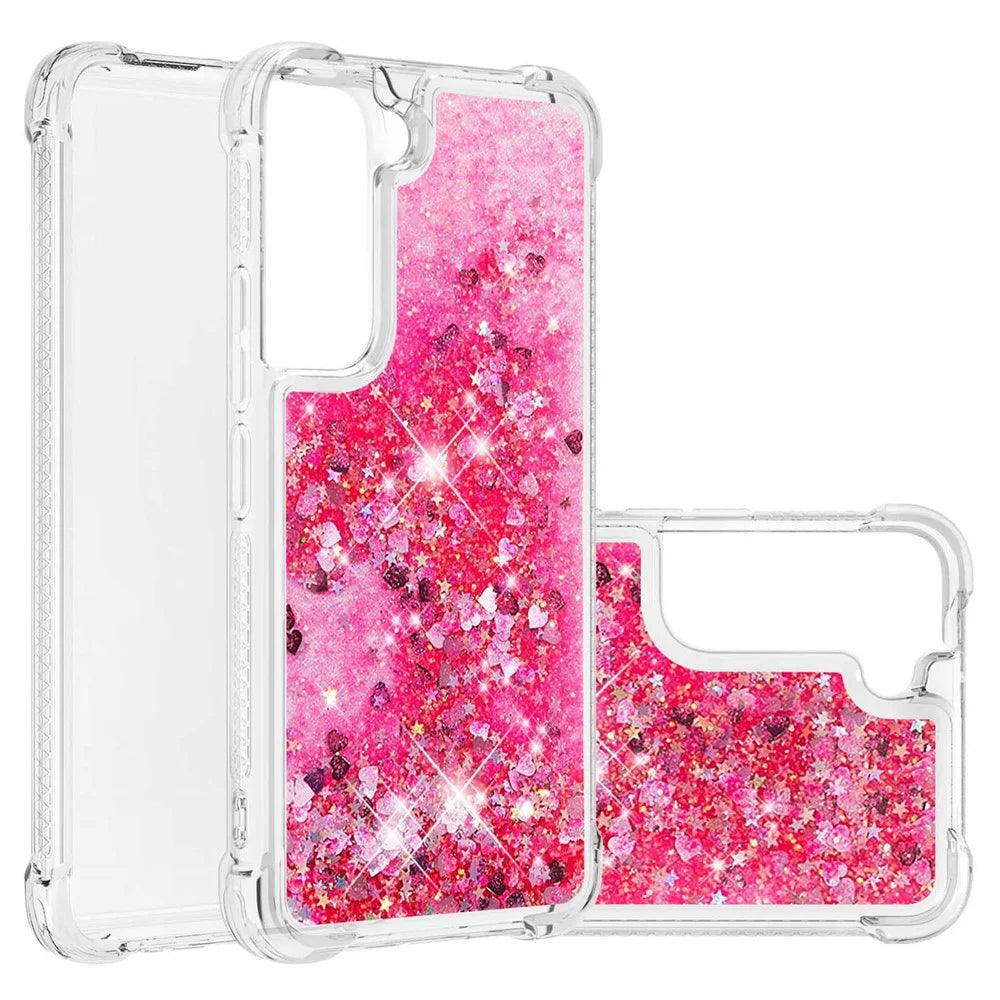 Soft TPU Clear Cover Moving Quicksand Glitter Cute Phone Case for Samsung Galaxy S22+ 5G - Pink Hearts - 6