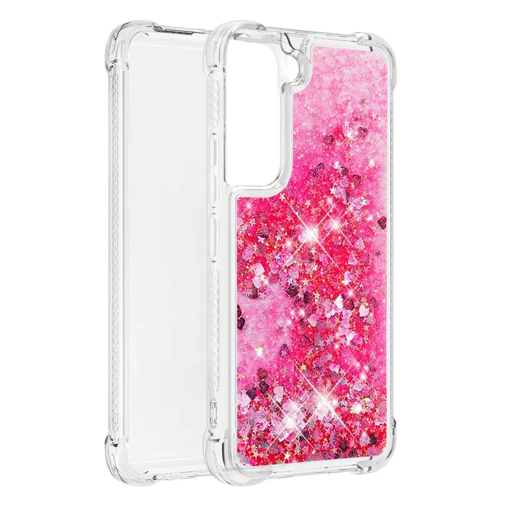Soft TPU Clear Cover Moving Quicksand Glitter Cute Phone Case for Samsung Galaxy S22+ 5G - Pink Hearts - 7