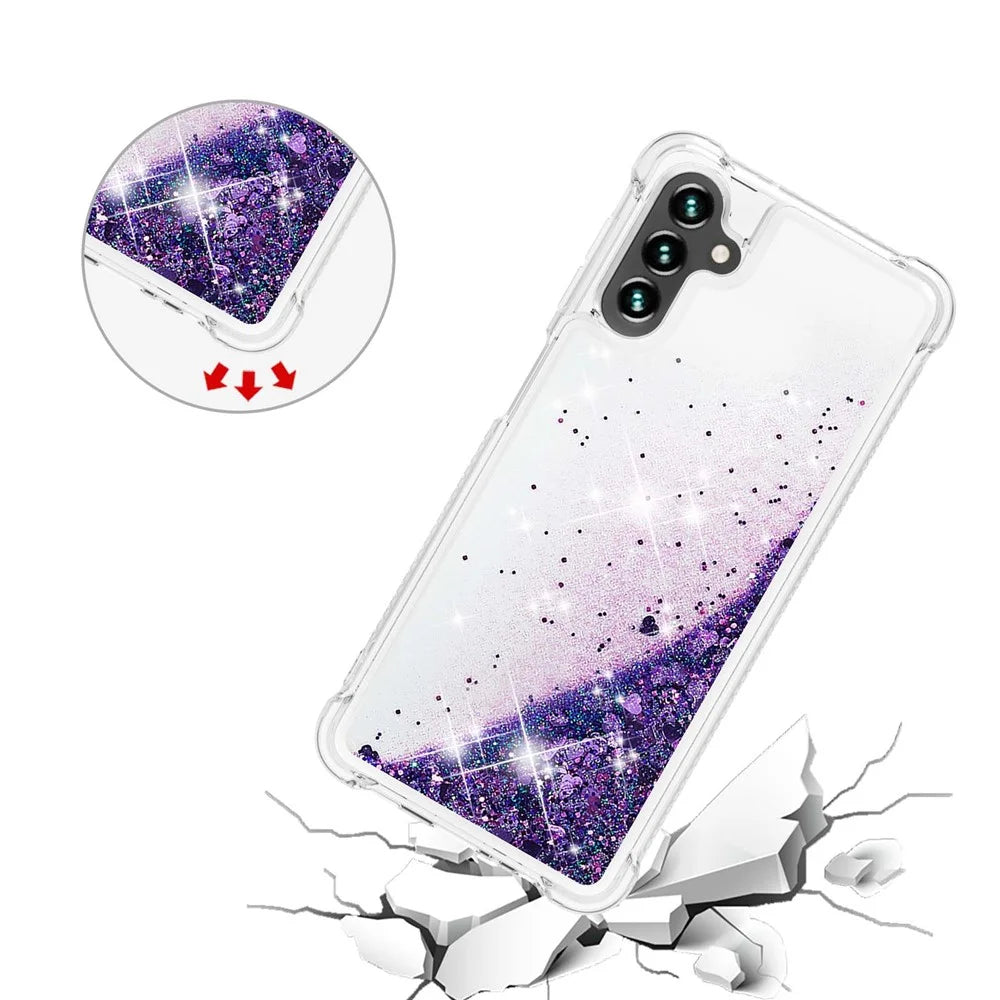 Quicksand Flowing Moving Glitter Flexible TPU Shockproof Cute Phone Case for Samsung Galaxy A13 5G / A04s 4G (164.7mm) - Dark Purple Hearts - 4