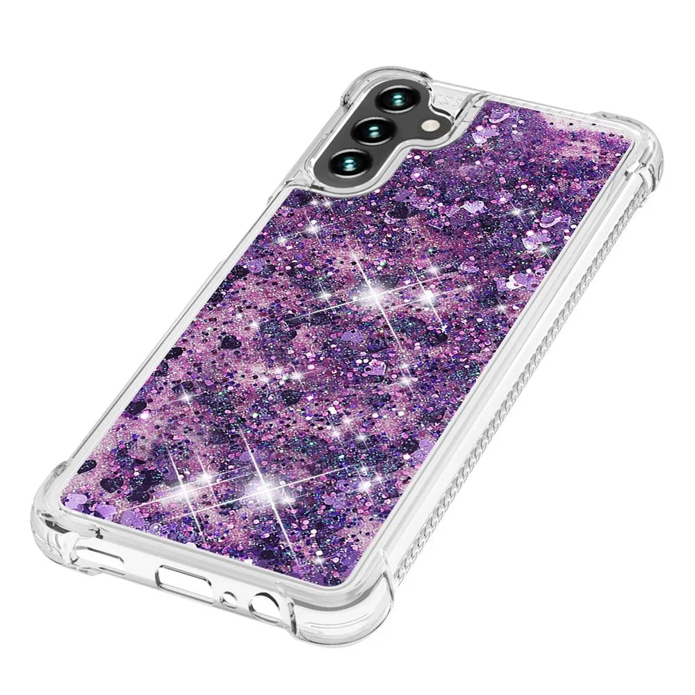 Quicksand Flowing Moving Glitter Flexible TPU Shockproof Cute Phone Case for Samsung Galaxy A13 5G / A04s 4G (164.7mm) - Dark Purple Hearts - 5