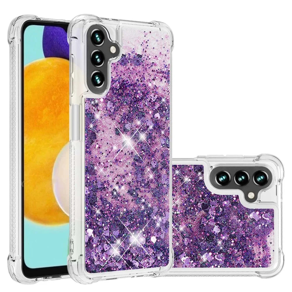 Quicksand Flowing Moving Glitter Flexible TPU Shockproof Cute Phone Case for Samsung Galaxy A13 5G / A04s 4G (164.7mm) - Dark Purple Hearts - 6