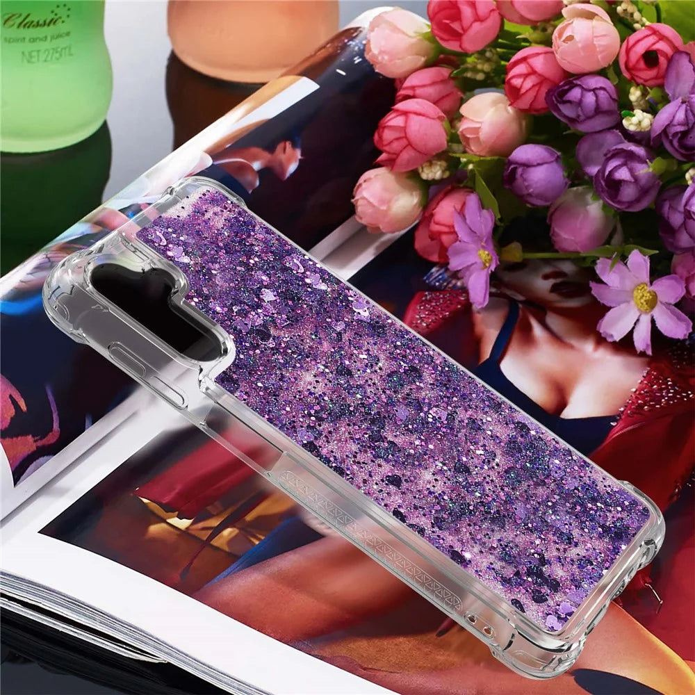 Quicksand Flowing Moving Glitter Flexible TPU Shockproof Cute Phone Case for Samsung Galaxy A13 5G / A04s 4G (164.7mm) - Dark Purple Hearts - 7