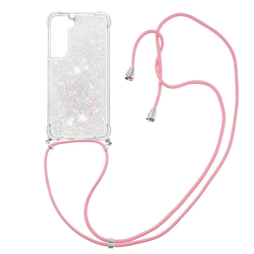 Glitter Quicksand Clear Soft TPU Phone Case with Adjustable Lanyard for Samsung Galaxy S22 5G - Shiny Hearts - 1