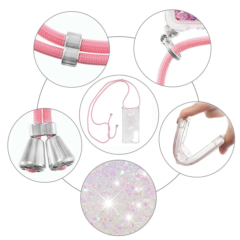 Glitter Quicksand Clear Soft TPU Phone Case with Adjustable Lanyard for Samsung Galaxy S22 5G - Shiny Hearts - 5