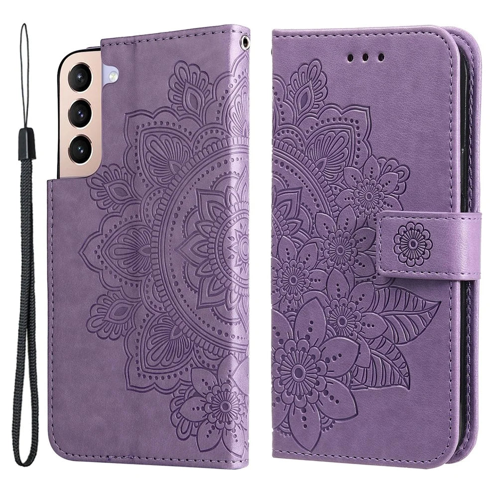 Dual-sided Clasp Well-protected Imprint Flower Pattern PU Leather Stand Wallet Cover Case with Lanyard for Samsung Galaxy S22+ 5G - Purple - 1