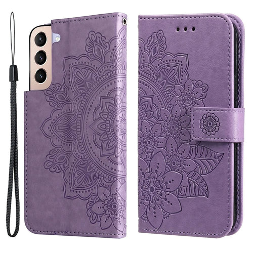 Dual-sided Clasp Well-protected Imprint Flower Pattern PU Leather Stand Wallet Cover Case with Lanyard for Samsung Galaxy S22+ 5G - Purple - 1