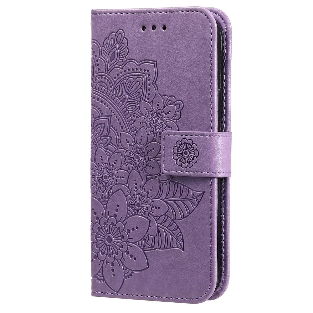 Dual-sided Clasp Well-protected Imprint Flower Pattern PU Leather Stand Wallet Cover Case with Lanyard for Samsung Galaxy S22+ 5G - Purple - 2