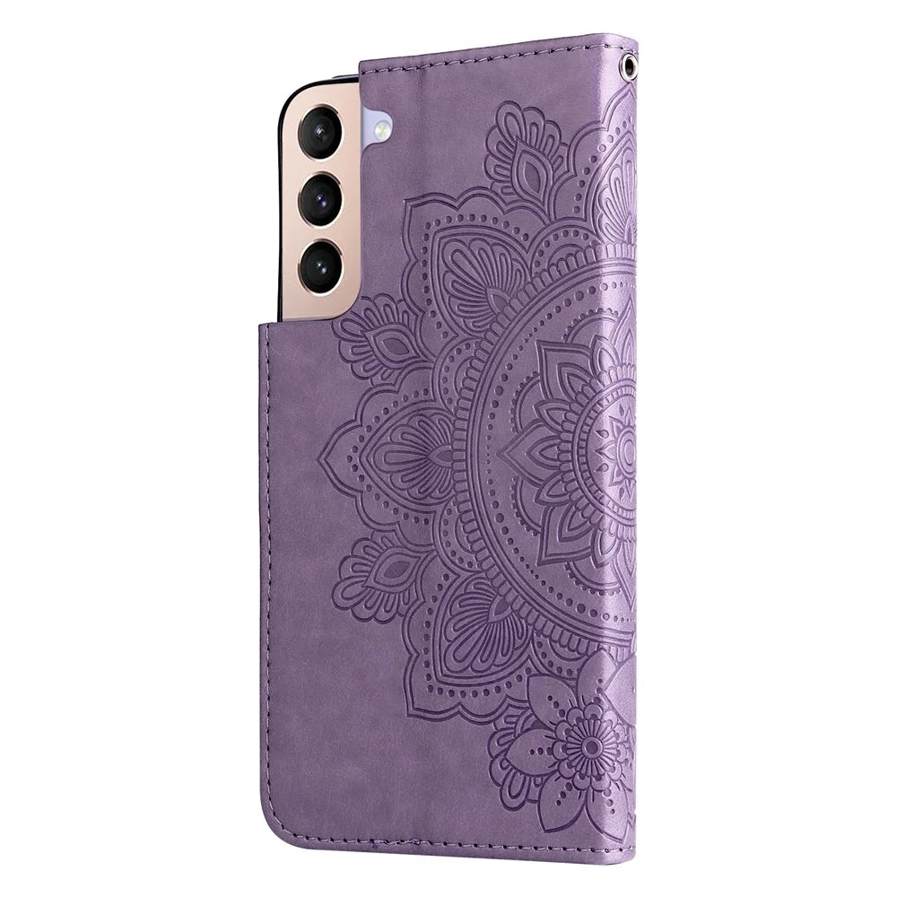 Dual-sided Clasp Well-protected Imprint Flower Pattern PU Leather Stand Wallet Cover Case with Lanyard for Samsung Galaxy S22+ 5G - Purple - 3