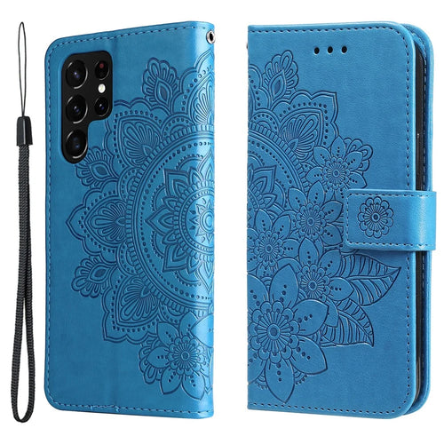 Dual-sided Clasp Phone Case Imprint Flower Pattern PU Leather Stand Wallet Flip Shell with Lanyard for Samsung Galaxy S22 Ultra 5G - Blue - 1