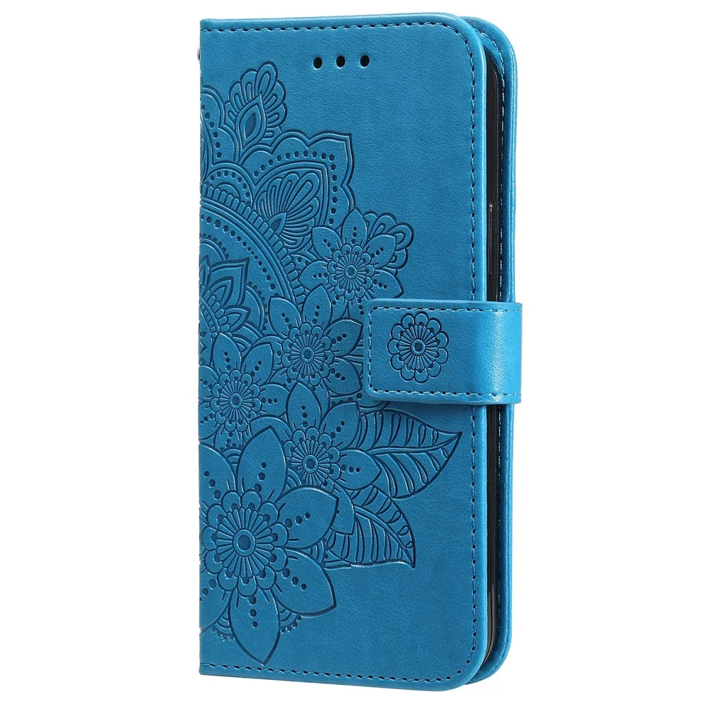 Dual-sided Clasp Phone Case Imprint Flower Pattern PU Leather Stand Wallet Flip Shell with Lanyard for Samsung Galaxy S22 Ultra 5G - Blue - 2