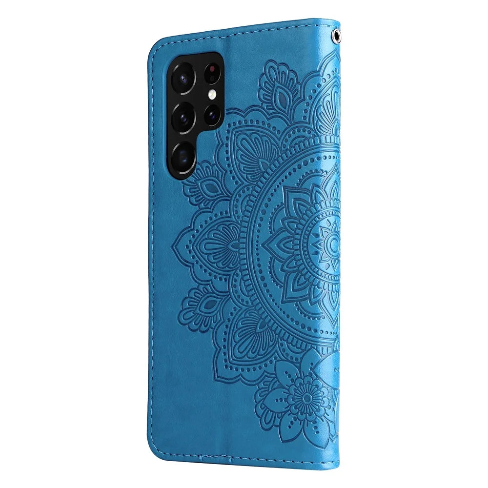 Dual-sided Clasp Phone Case Imprint Flower Pattern PU Leather Stand Wallet Flip Shell with Lanyard for Samsung Galaxy S22 Ultra 5G - Blue - 3