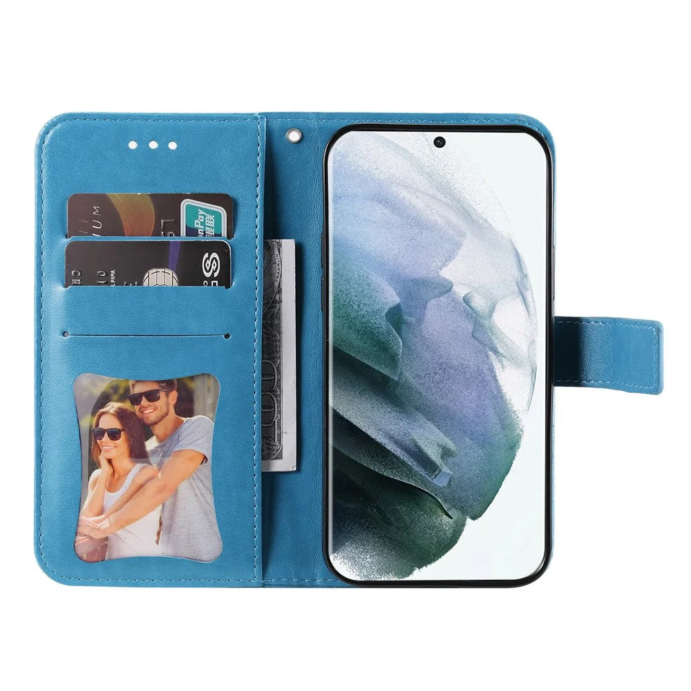 Dual-sided Clasp Phone Case Imprint Flower Pattern PU Leather Stand Wallet Flip Shell with Lanyard for Samsung Galaxy S22 Ultra 5G - Blue - 4