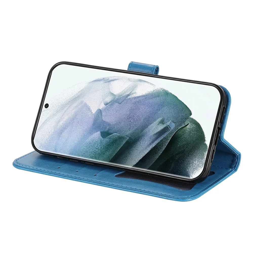 Dual-sided Clasp Phone Case Imprint Flower Pattern PU Leather Stand Wallet Flip Shell with Lanyard for Samsung Galaxy S22 Ultra 5G - Blue - 5