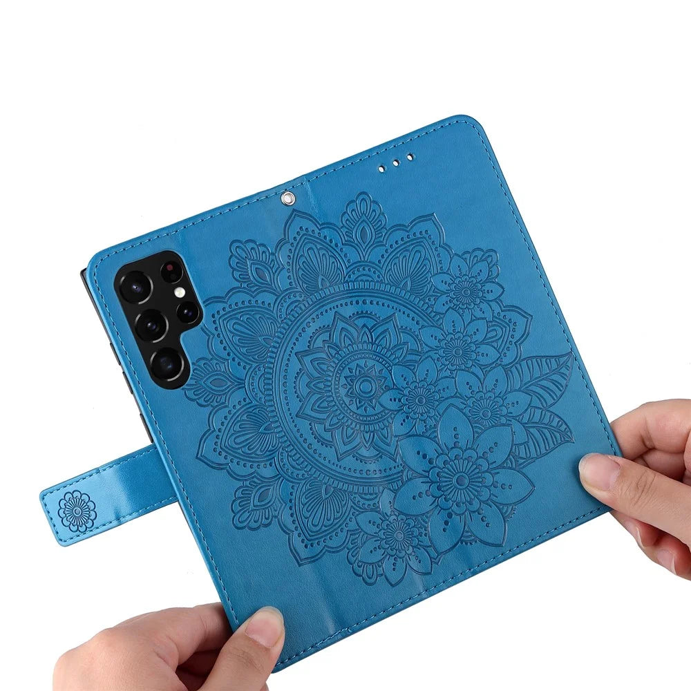 Dual-sided Clasp Phone Case Imprint Flower Pattern PU Leather Stand Wallet Flip Shell with Lanyard for Samsung Galaxy S22 Ultra 5G - Blue - 6
