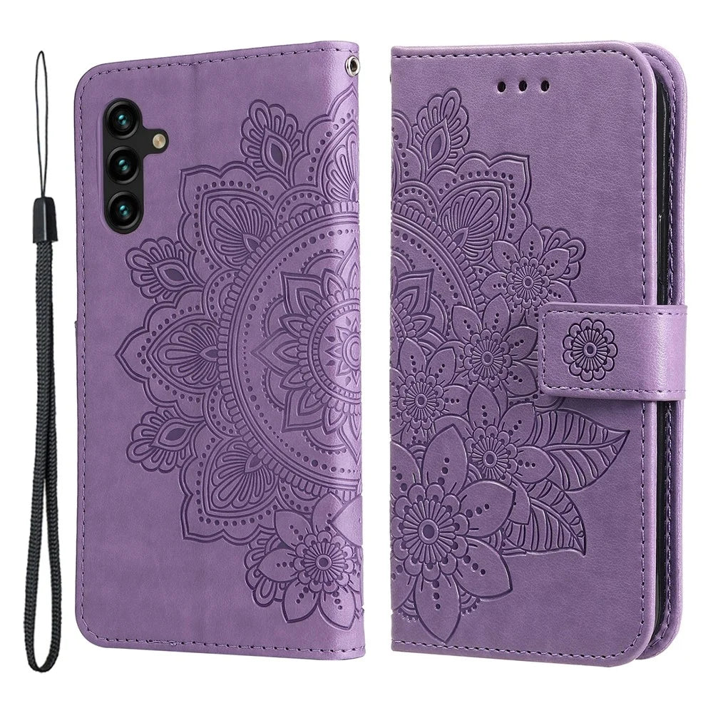 Imprinted Flower Pattern TPU+PU Leather Stand Wallet Cover Case with Lanyard for Samsung Galaxy A13 5G / A04s 4G (164.7mm) - Purple - 1