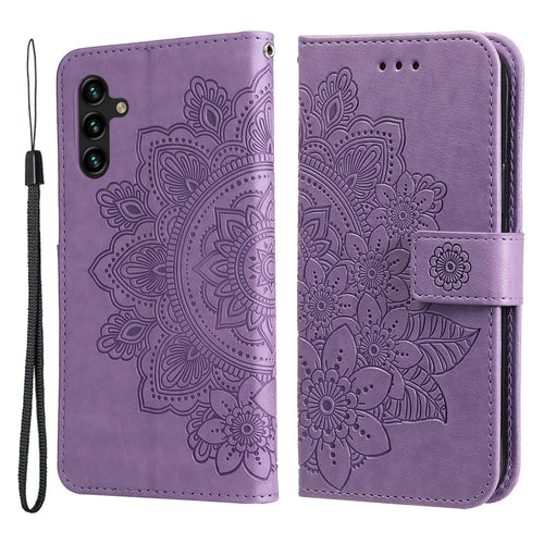 Imprinted Flower Pattern TPU+PU Leather Stand Wallet Cover Case with Lanyard for Samsung Galaxy A13 5G / A04s 4G (164.7mm) - Purple - 1