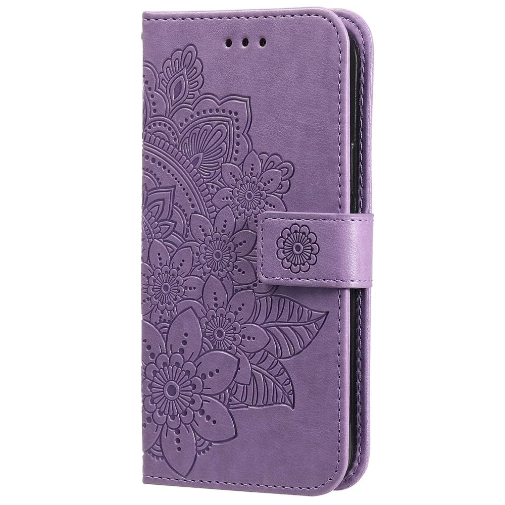 Imprinted Flower Pattern TPU+PU Leather Stand Wallet Cover Case with Lanyard for Samsung Galaxy A13 5G / A04s 4G (164.7mm) - Purple - 2