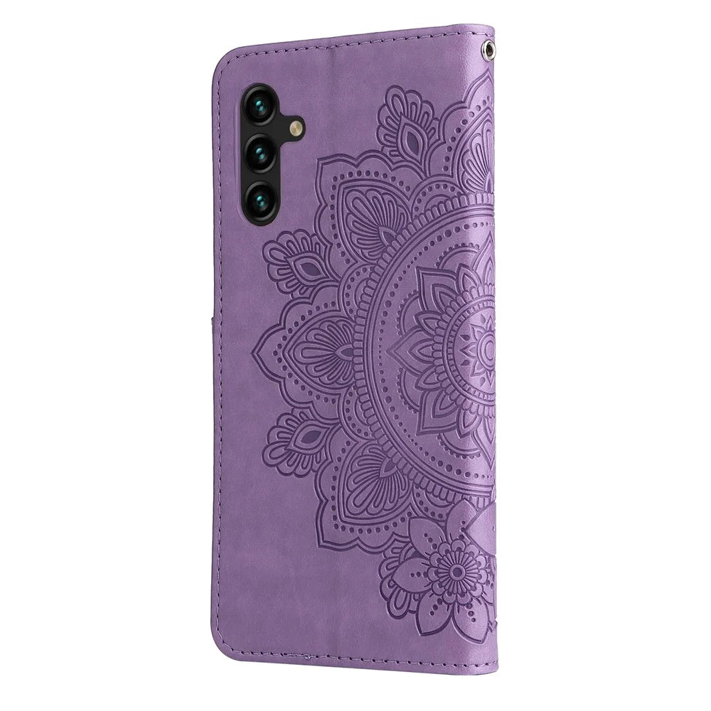 Imprinted Flower Pattern TPU+PU Leather Stand Wallet Cover Case with Lanyard for Samsung Galaxy A13 5G / A04s 4G (164.7mm) - Purple - 3