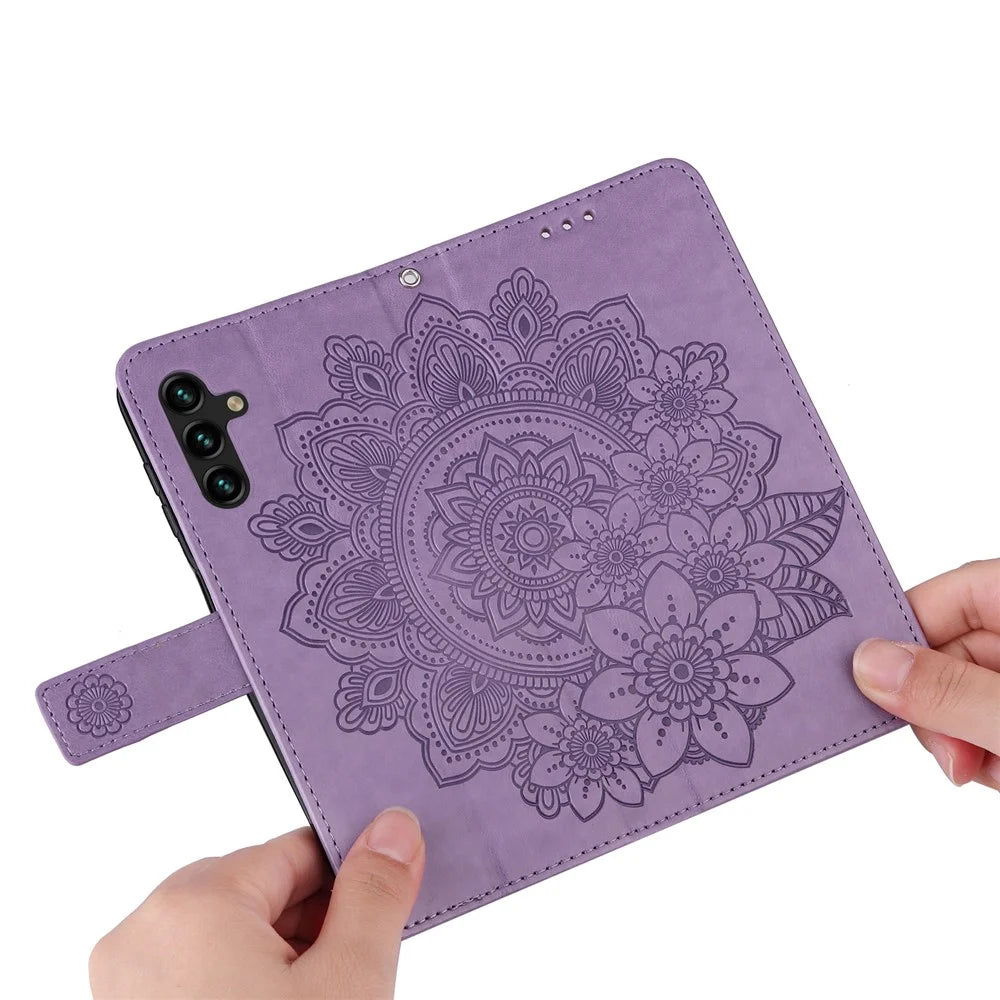 Imprinted Flower Pattern TPU+PU Leather Stand Wallet Cover Case with Lanyard for Samsung Galaxy A13 5G / A04s 4G (164.7mm) - Purple - 6