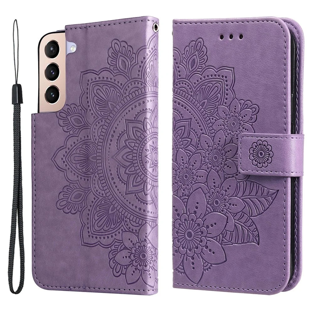 Stylish Phone Case Imprint Flower Pattern PU Leather Stand Wallet Flip Protective Shell with Strap for Samsung Galaxy S22 5G - Purple - 1