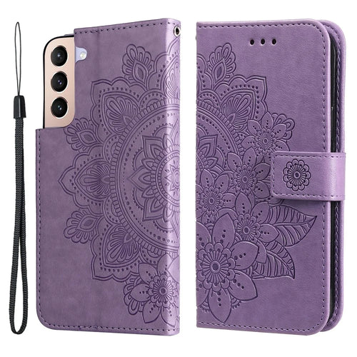 Stylish Phone Case Imprint Flower Pattern PU Leather Stand Wallet Flip Protective Shell with Strap for Samsung Galaxy S22 5G - Purple - 1