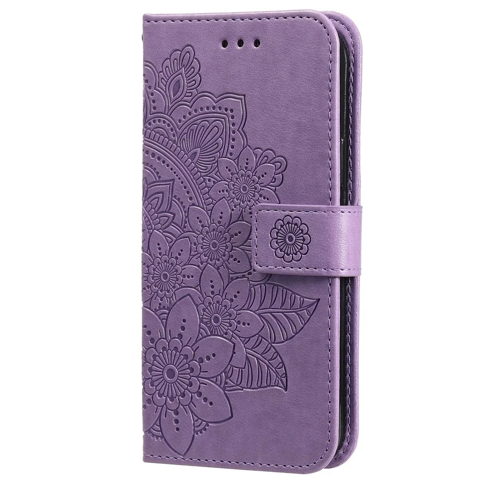 Stylish Phone Case Imprint Flower Pattern PU Leather Stand Wallet Flip Protective Shell with Strap for Samsung Galaxy S22 5G - Purple - 2
