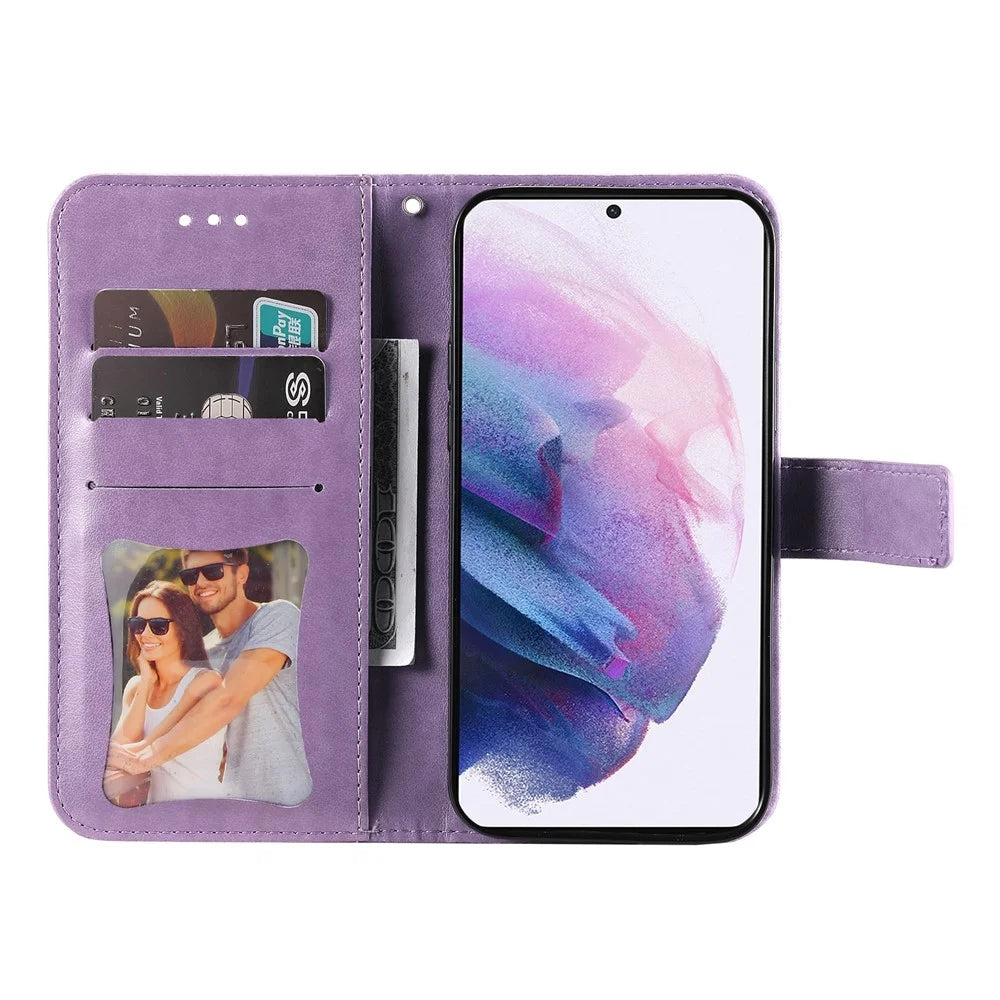 Stylish Phone Case Imprint Flower Pattern PU Leather Stand Wallet Flip Protective Shell with Strap for Samsung Galaxy S22 5G - Purple - 4