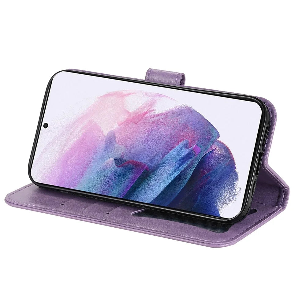 Stylish Phone Case Imprint Flower Pattern PU Leather Stand Wallet Flip Protective Shell with Strap for Samsung Galaxy S22 5G - Purple - 5