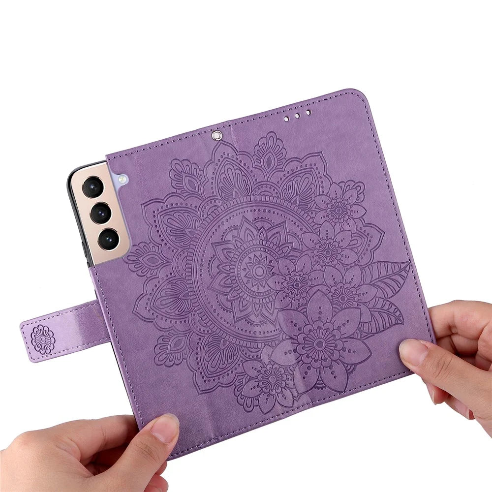 Stylish Phone Case Imprint Flower Pattern PU Leather Stand Wallet Flip Protective Shell with Strap for Samsung Galaxy S22 5G - Purple - 6