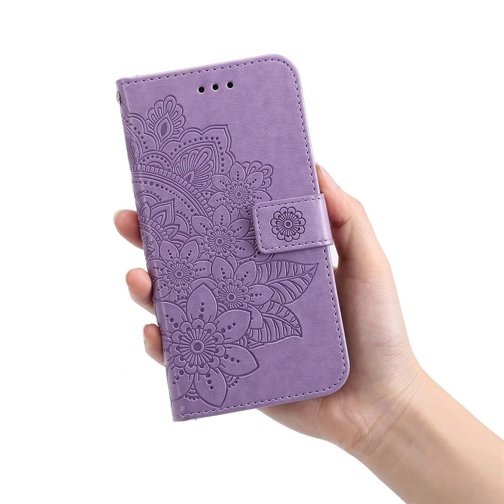 Stylish Phone Case Imprint Flower Pattern PU Leather Stand Wallet Flip Protective Shell with Strap for Samsung Galaxy S22 5G - Purple - 7