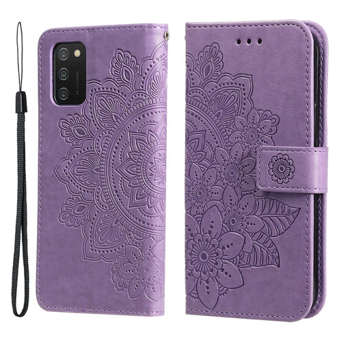 Flip Case Imprinted Flower Pattern TPU+PU Leather Stand Wallet Cover with Lanyard for Samsung Galaxy A03s (164.2mm) - Purple - 1