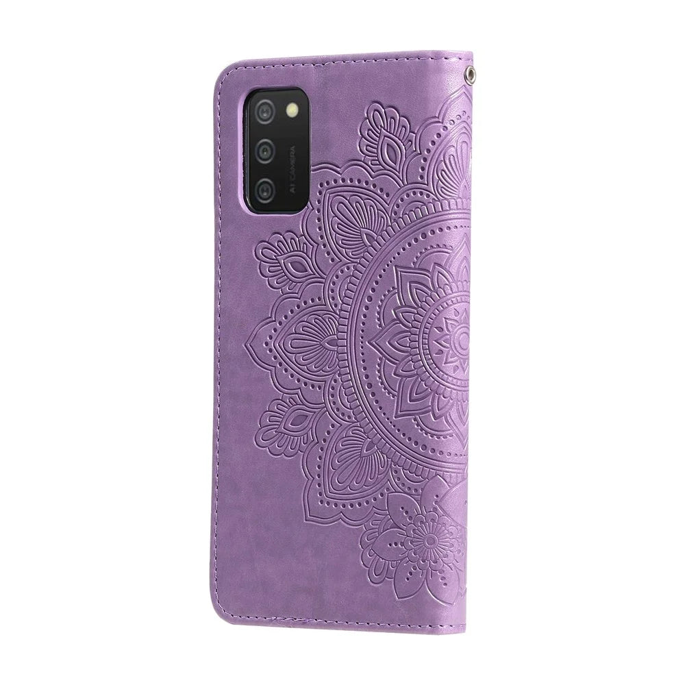 Flip Case Imprinted Flower Pattern TPU+PU Leather Stand Wallet Cover with Lanyard for Samsung Galaxy A03s (164.2mm) - Purple - 3