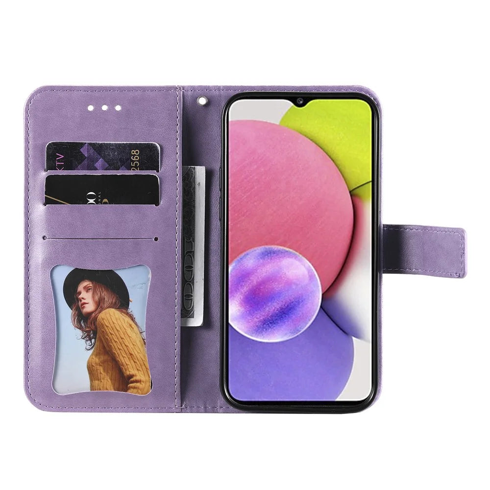 Flip Case Imprinted Flower Pattern TPU+PU Leather Stand Wallet Cover with Lanyard for Samsung Galaxy A03s (164.2mm) - Purple - 4