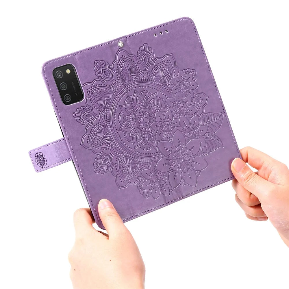 Flip Case Imprinted Flower Pattern TPU+PU Leather Stand Wallet Cover with Lanyard for Samsung Galaxy A03s (164.2mm) - Purple - 6