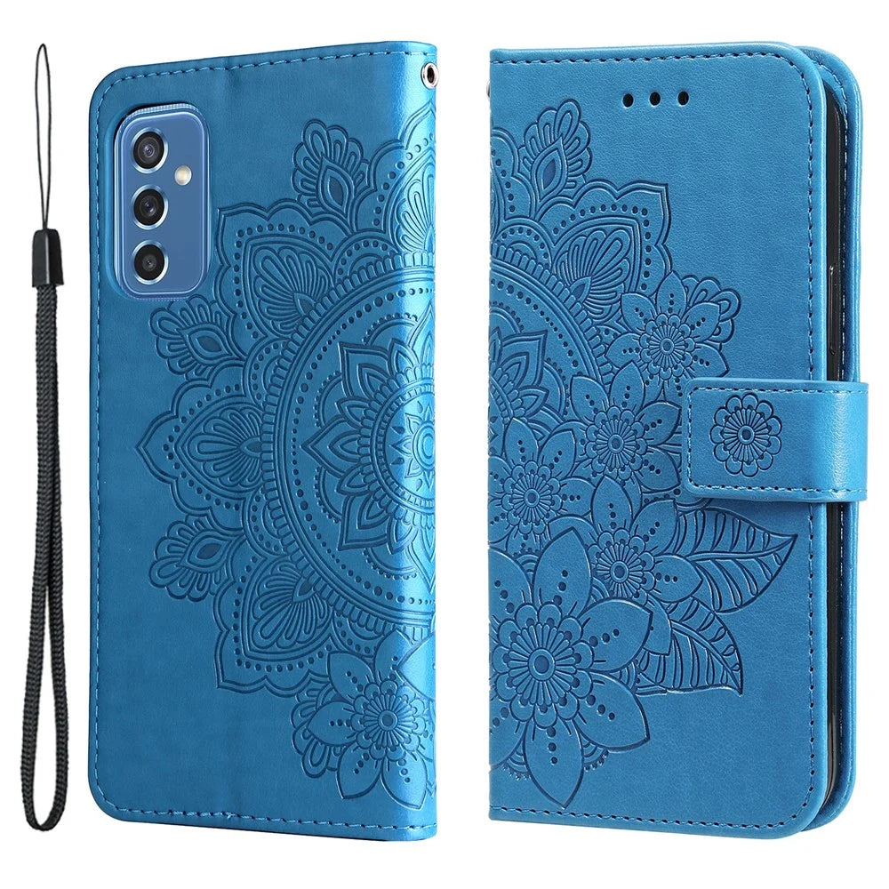 Phone Cover Flip Mobile Phone Case Imprinted Flower Pattern TPU+PU Leather Stand Wallet with Lanyard for Samsung Galaxy M52 5G - Blue - 1