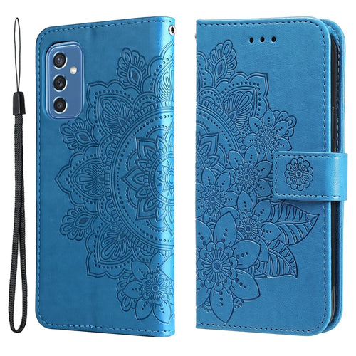Phone Cover Flip Mobile Phone Case Imprinted Flower Pattern TPU+PU Leather Stand Wallet with Lanyard for Samsung Galaxy M52 5G - Blue - 1