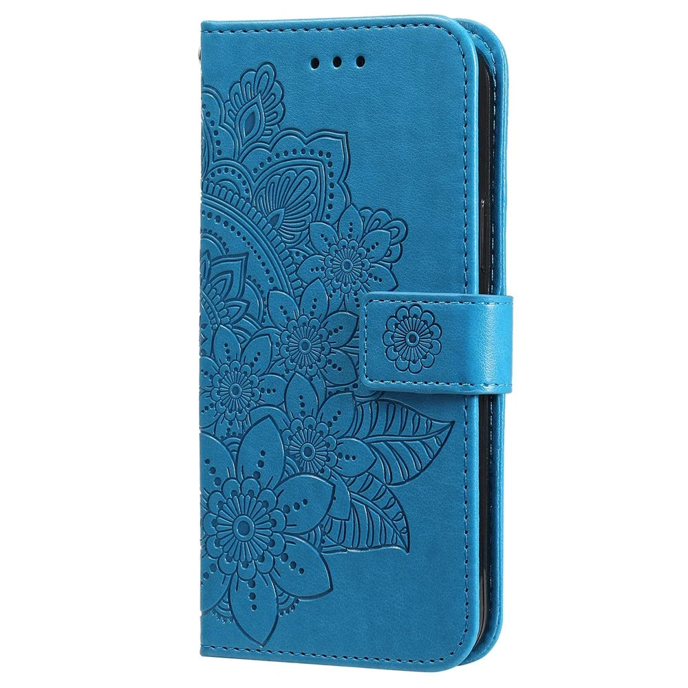 Phone Cover Flip Mobile Phone Case Imprinted Flower Pattern TPU+PU Leather Stand Wallet with Lanyard for Samsung Galaxy M52 5G - Blue - 2