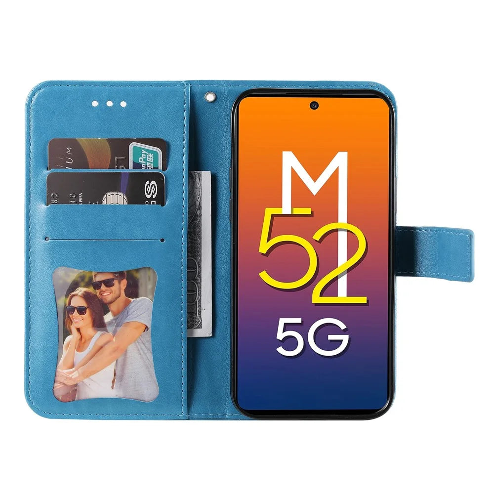 Phone Cover Flip Mobile Phone Case Imprinted Flower Pattern TPU+PU Leather Stand Wallet with Lanyard for Samsung Galaxy M52 5G - Blue - 4