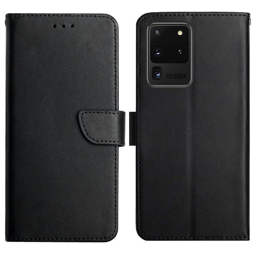 Solid Color Nappa Texture Case Wallet Genuine Leather Fingerprint-proof Scratch-proof Phone Cover with Stand for Samsung Galaxy S20 Ultra - Black - 1