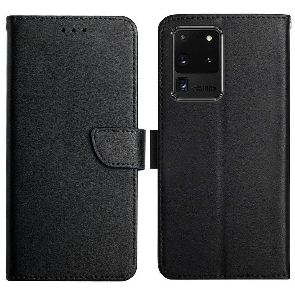 Solid Color Nappa Texture Case Wallet Genuine Leather Fingerprint-proof Scratch-proof Phone Cover with Stand for Samsung Galaxy S20 Ultra - Black - 1