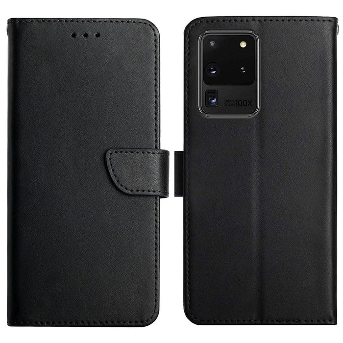 Solid Color Nappa Texture Case Wallet Genuine Leather Fingerprint-proof Scratch-proof Phone Cover with Stand for Samsung Galaxy S20 Ultra - Black - 1