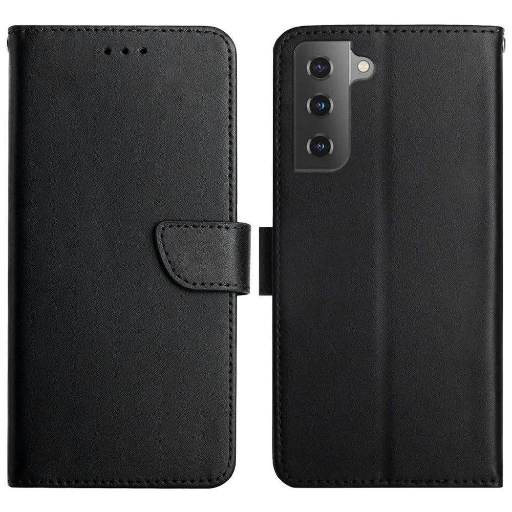 Solid Color Nappa Texture Case Wallet Genuine Leather Drop-proof Phone Shell Case with Stand for Samsung Galaxy S22+ 5G - Black - 1