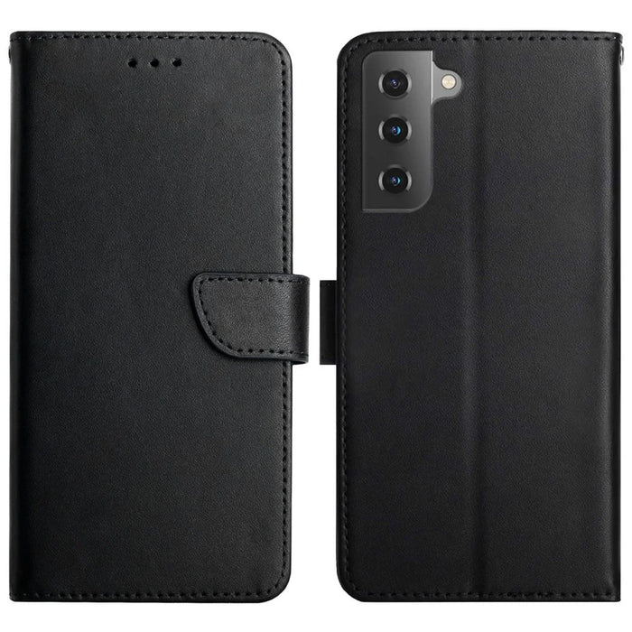 Solid Color Nappa Texture Case Wallet Genuine Leather Drop-proof Phone Shell Case with Stand for Samsung Galaxy S22+ 5G - Black - 1
